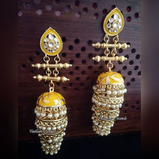 Golden kundan Yellow pearl layered Jhumka - Fashion Jewels