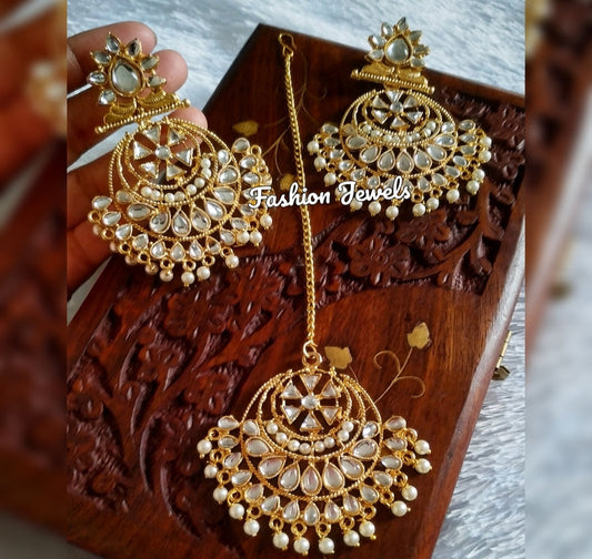 Golden kundan chandbali mangtika set - Fashion Jewels
