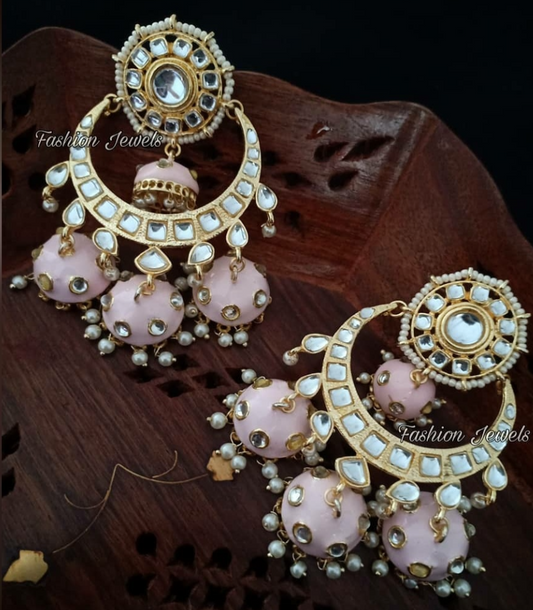 Golden kundan pastel pink chandbali - Fashion Jewels