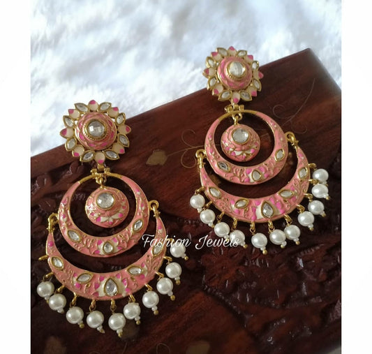 Golden kundan peach meenakari Chandbali - Fashion Jewels
