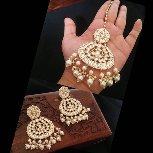 Golden kundan pearl chand mangtika set - Fashion Jewels