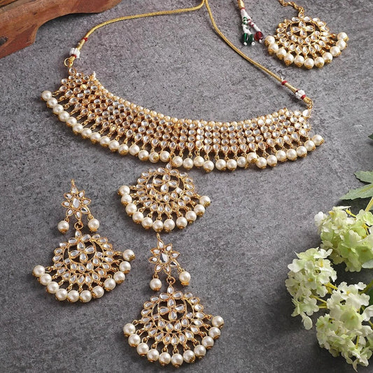 Golden kundan pearl statement Necklace and Mangtika set - Fashion Jewels