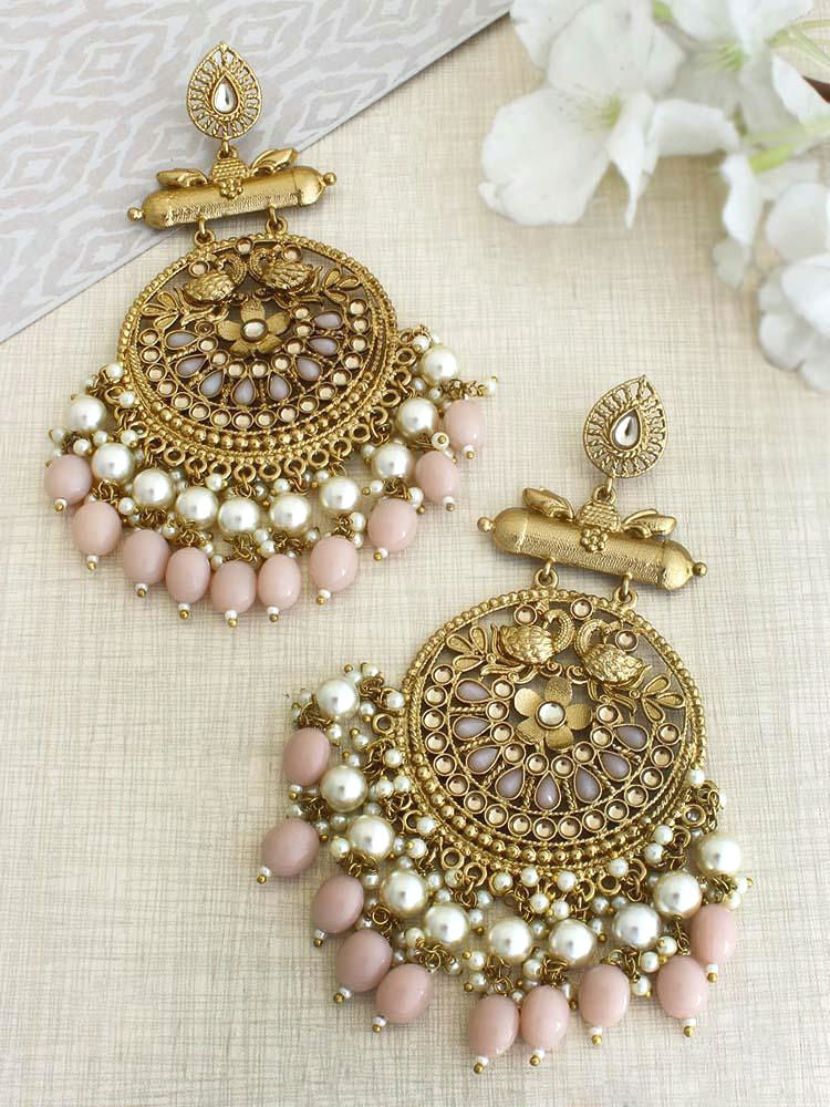 Golden kundan premium Peacock peach lightweight Chandbali - Fashion Jewels