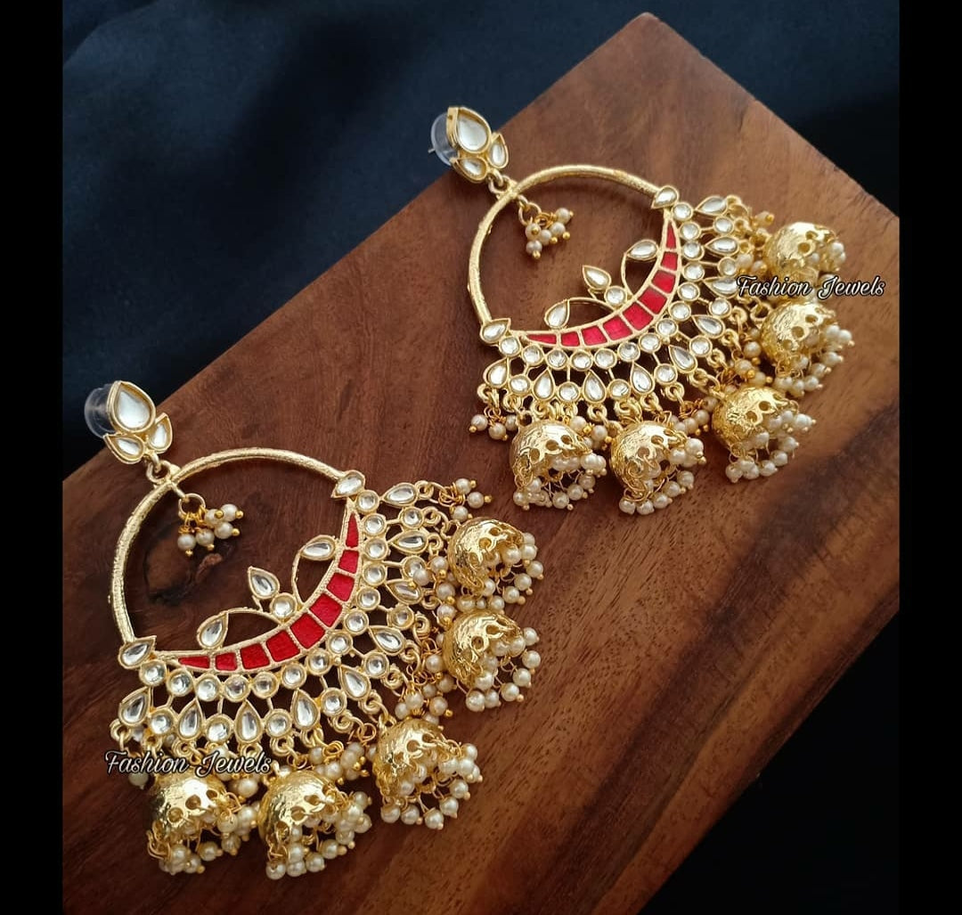 Golden kundan statement jhumki chandbali - Fashion Jewels