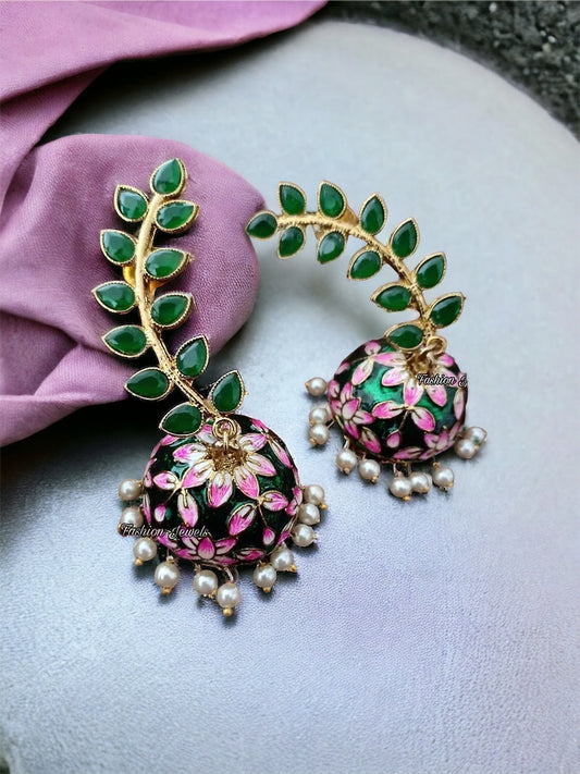 Golden leaf designed Green Meenakari pearl Jhumka - Fashion Jewels