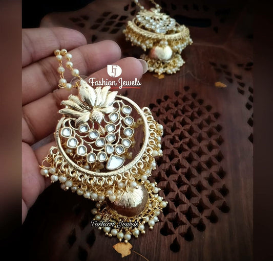 Golden matte kundan lotus Chandbali Jhumka with sahara chain - Fashion Jewels