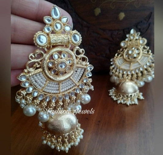 Golden matte kundan statement pearl Jhumka - Fashion Jewels