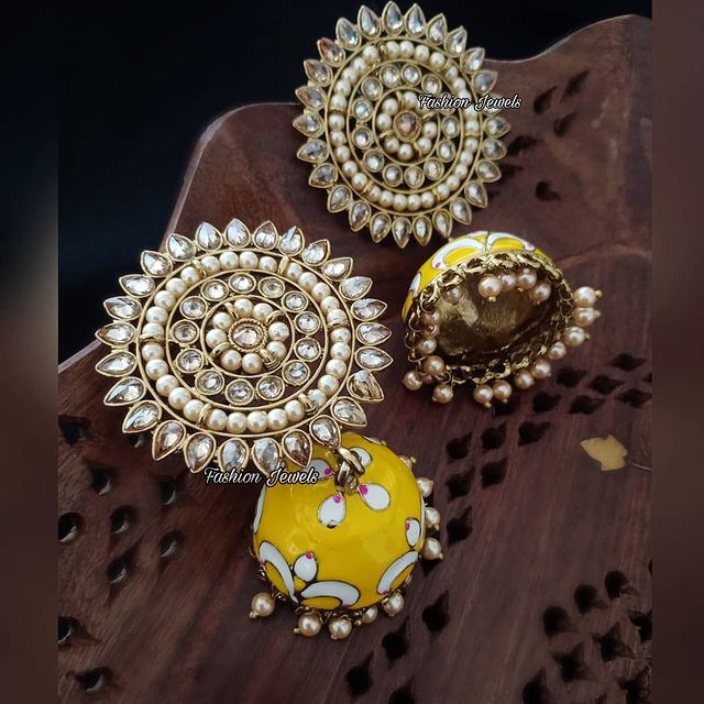 Golden reverse AD yellow pearl Jhumka - Fashion Jewels