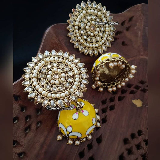 Golden reverse AD yellow pearl Jhumka - Fashion Jewels