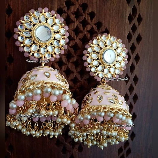 Golden statement pastel pink kundan pearl Jhumka - Fashion Jewels