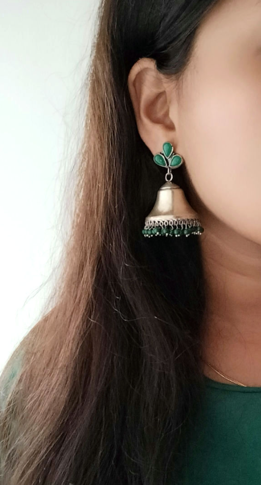Green stone bell shaped designed Green beads Jhumka - Fashion Jewels