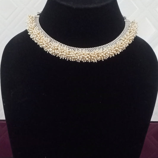 Heavy pearl work Matte Silver Necklace - Fashion Jewels