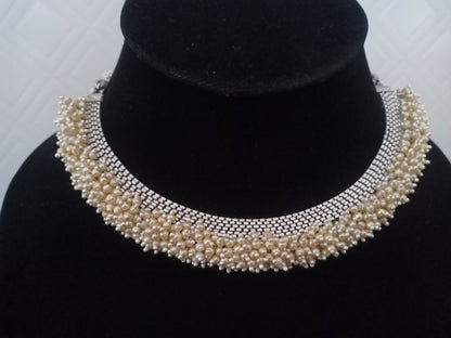 Heavy pearl work Matte Silver Necklace - Fashion Jewels