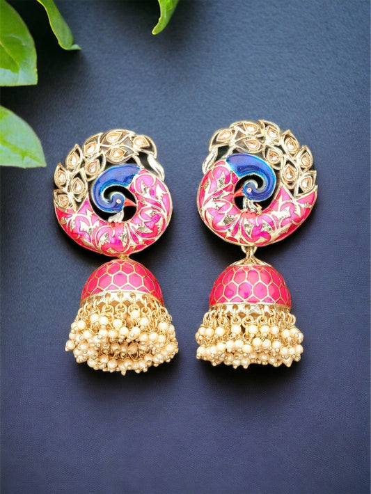 Hot pink Ad stone peacock designed pearl Jhumka - Fashion Jewels