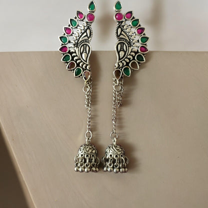 Ruby and Green stone silver hanging jhumki