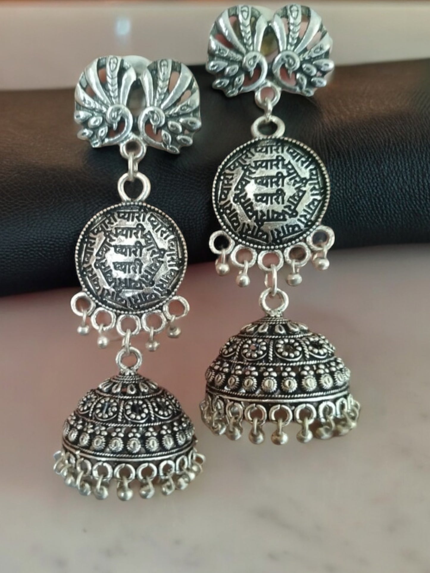 Silver peacock pyari scripted Jhumka