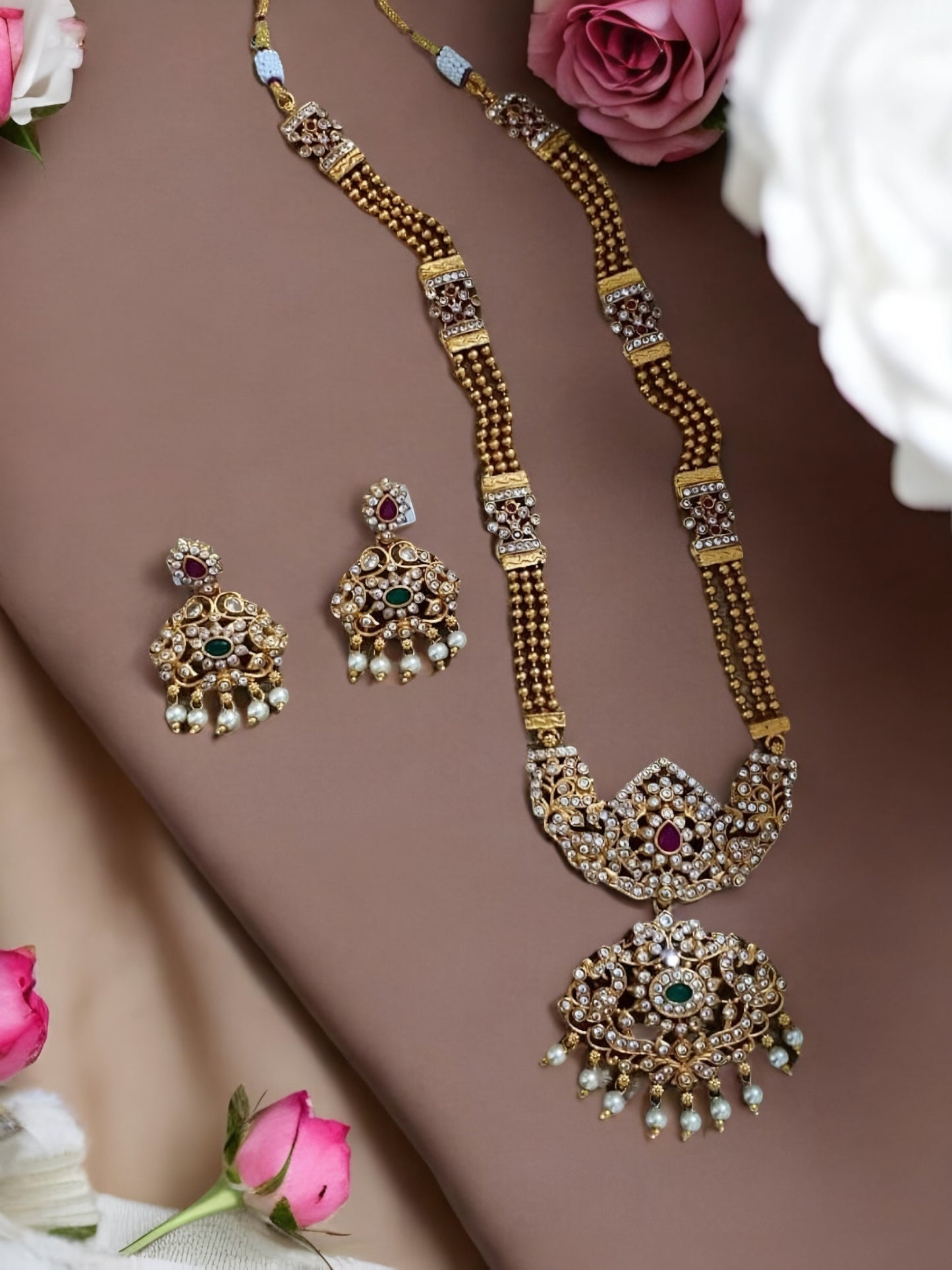 Rajni Golden kemp stone long haram necklace set