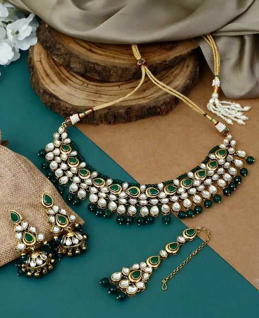 Shreya Emerald Kundan Green beads Necklace set with Mangtika