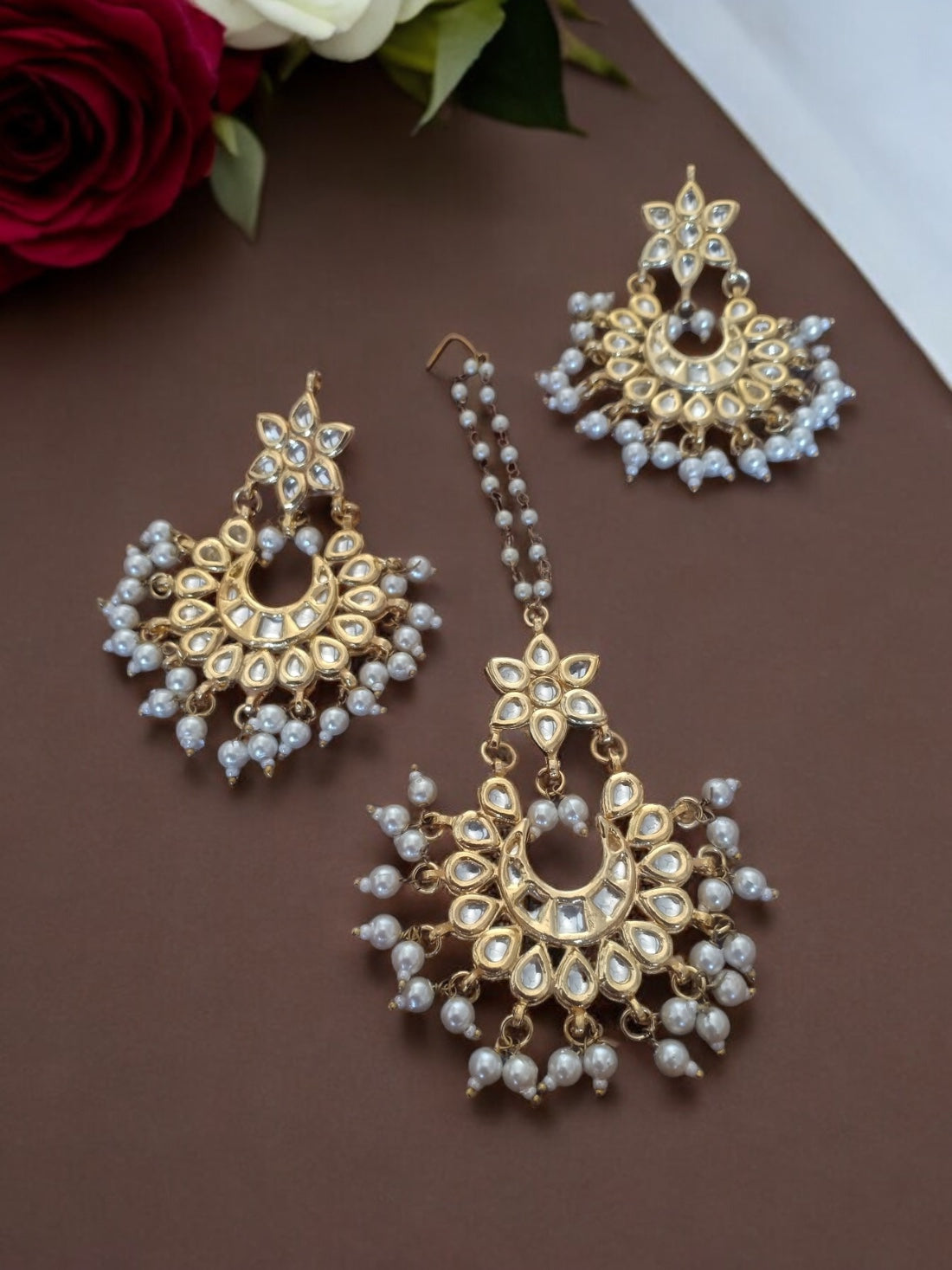 Kundan meenakari work Pearl chandbali Mangtikaa set