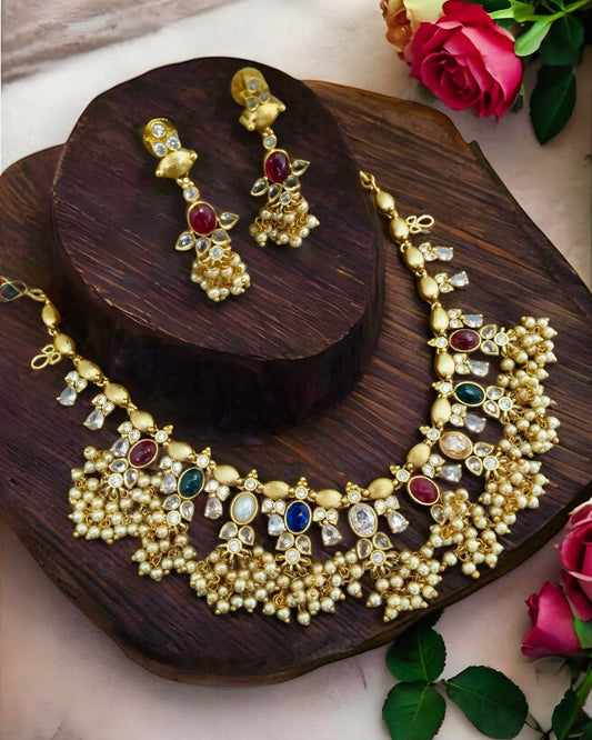 Jahnvi Premium Guttapusalu Navratna Pearl Necklace set