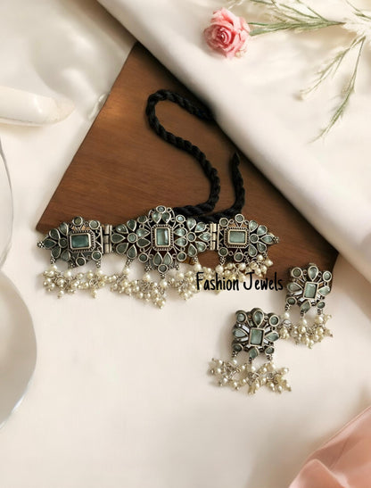 Alice Mint Pearl Silver Choker set