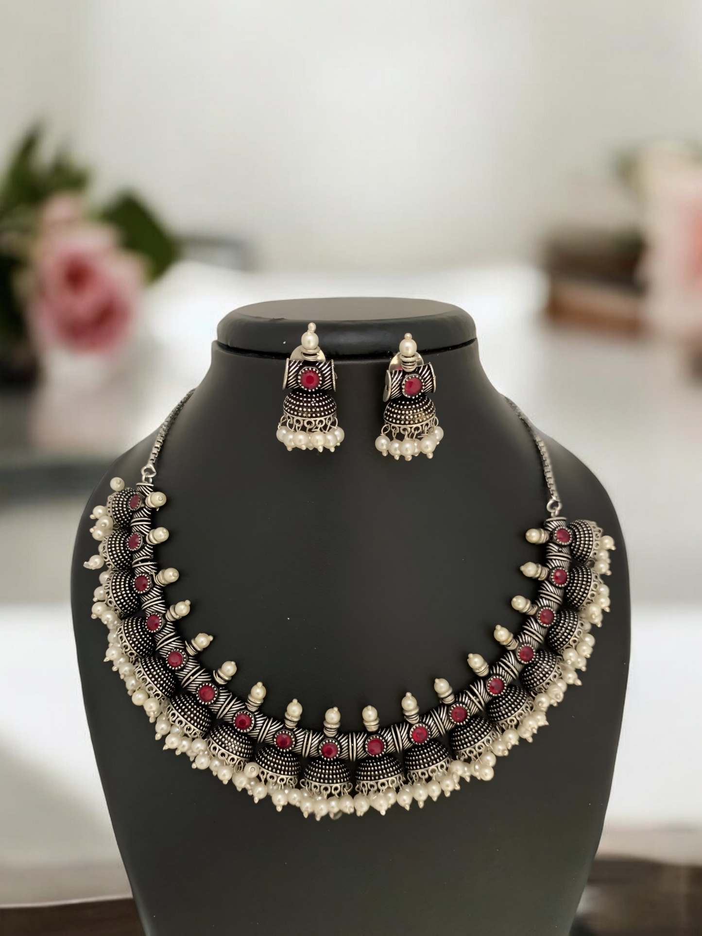 Elina Ruby stone Pearl Jhumki Necklace set