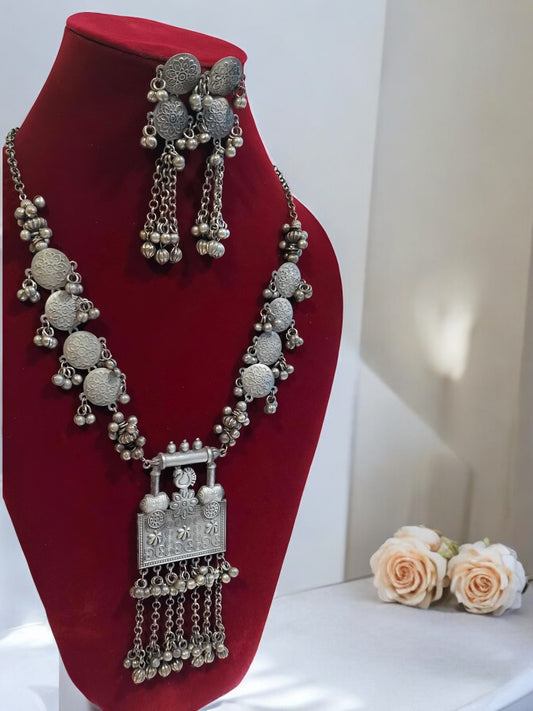 Silver oxidised long Statement Ghunghroo Necklace set