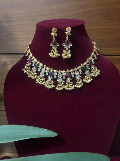 Jahnvi Premium Guttapusalu Navratna Pearl Necklace set