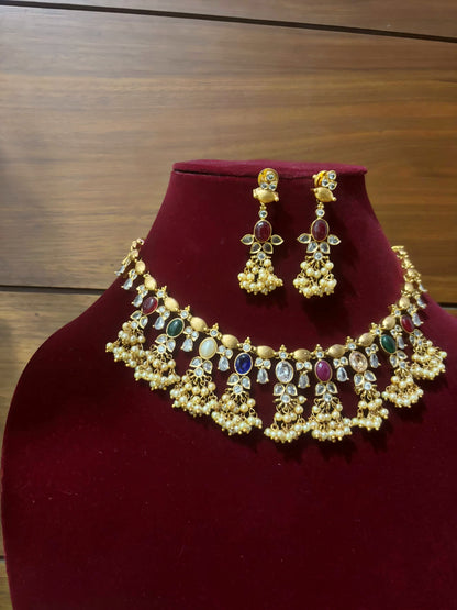 Jahnvi Premium Guttapusalu Navratna Pearl Necklace set