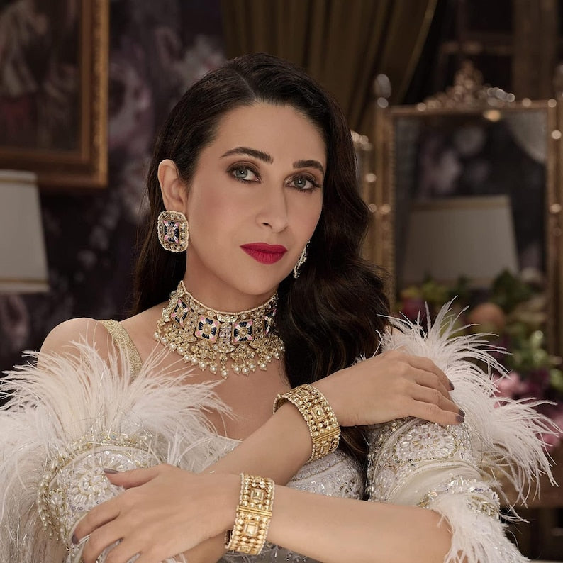 Karisma Kapoor inspired statement Golden kundan Meenakari pearl Choker set