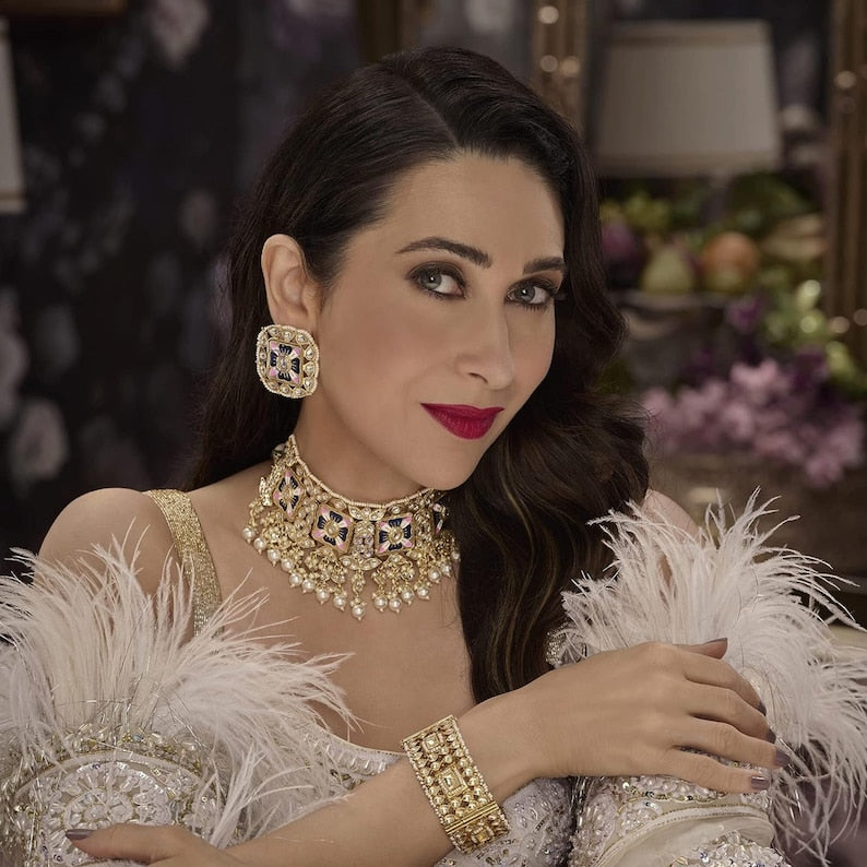 Karisma Kapoor inspired statement Golden kundan Meenakari pearl Choker set