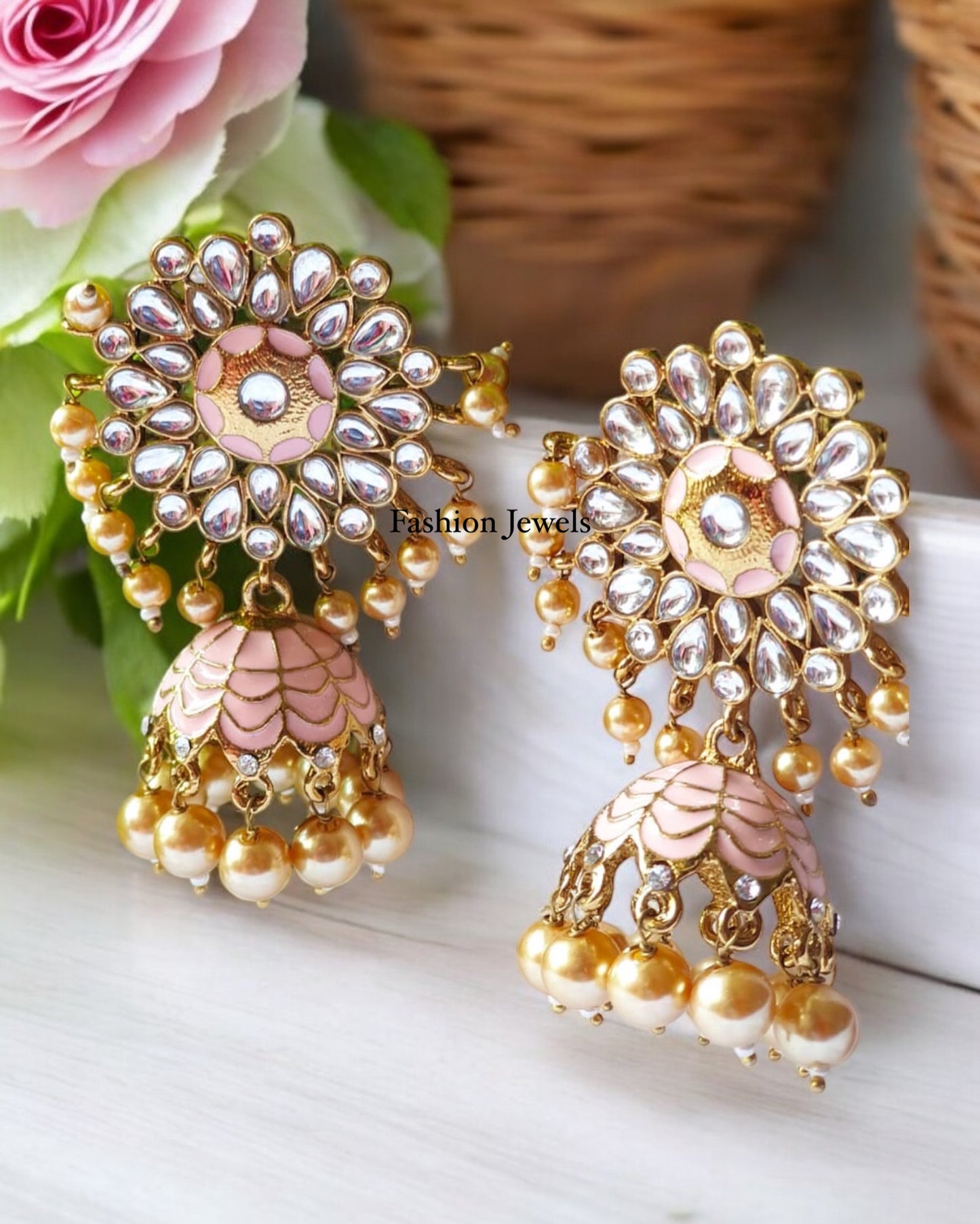 Premium Peach kundan pearl Jhumka