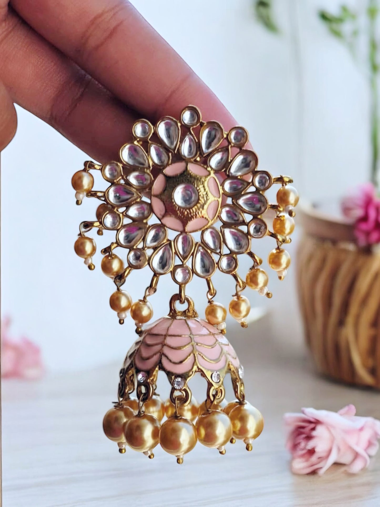 Premium Peach kundan pearl Jhumka