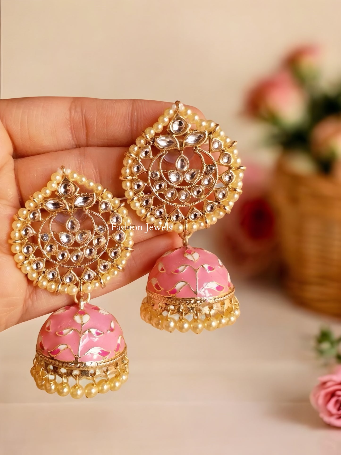 Golden Pastel Pink kundan Meenakari Jhumka