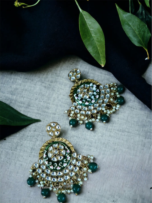 Kundan Emerald pearl lightweight Chandbali - Fashion Jewels