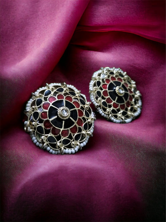 Kundan Meenakari pearl Black studs - Fashion Jewels