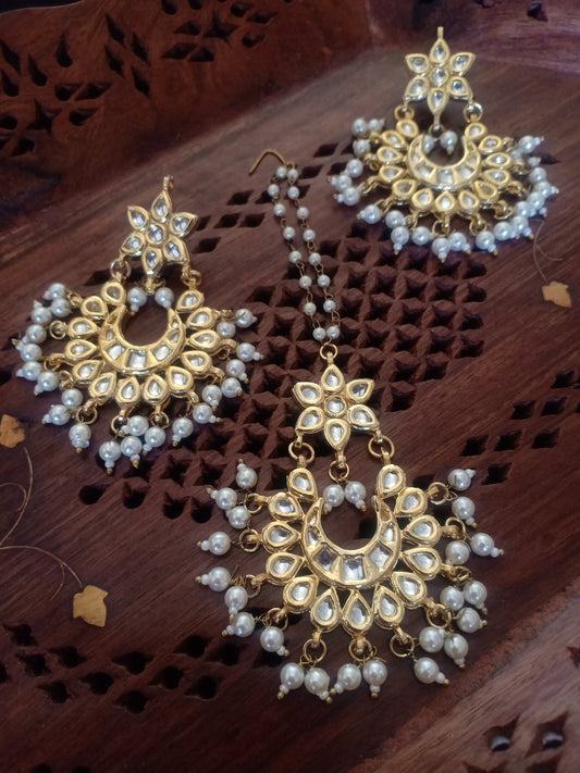 Kundan meenakari work Pearl chandbali Mangtikaa set - Fashion Jewels