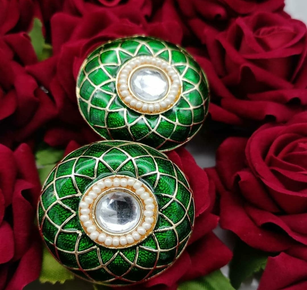 Kundan pearl detailing Green stud - Fashion Jewels