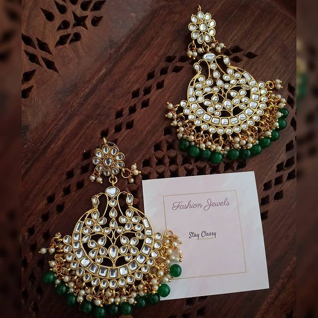 Kundan statement  Green beads Chandbali - Fashion Jewels
