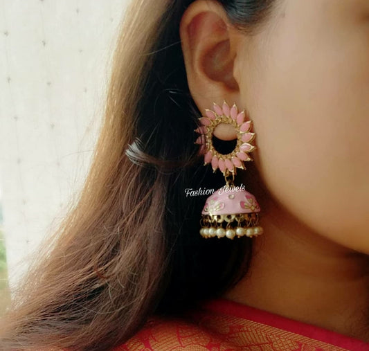 Pastel pink meenakari pearl Jhumka - Fashion Jewels