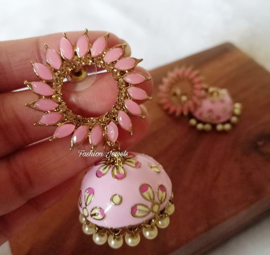 Pastel pink meenakari pearl Jhumka - Fashion Jewels