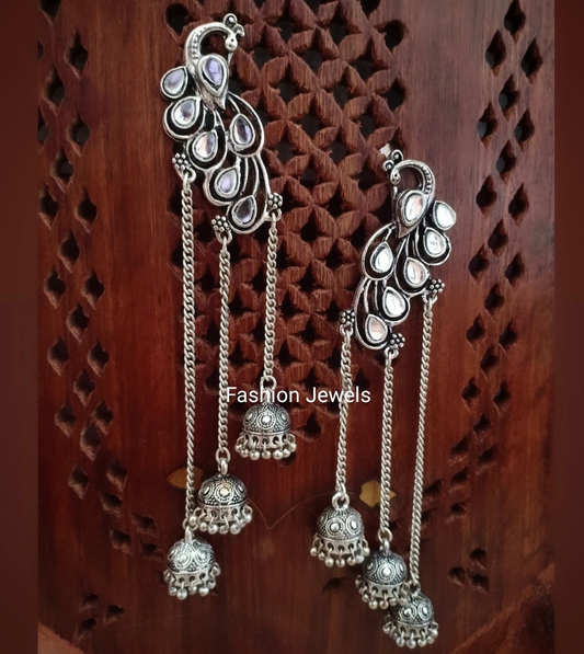 Peacock designed kundan Silver Jhumki Hangings - Fashion Jewels