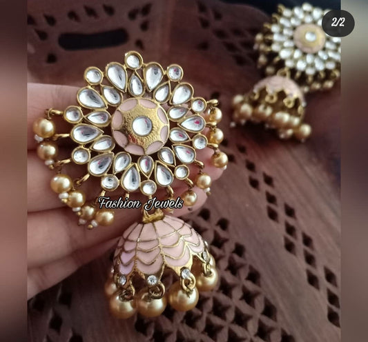 Premium Peach kundan pearl Jhumka - Fashion Jewels