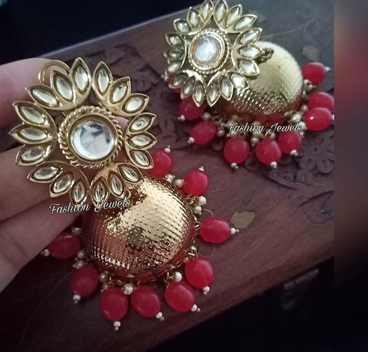 Premium golden Kundan sunflower design red beads jhumka - Fashion Jewels