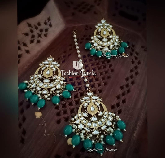 Premium quality Kundan Green Beads Mangtika set - Fashion Jewels