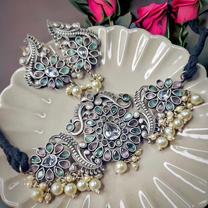 Priya silverlook alike pearl Zircon stone choker set - Fashion Jewels