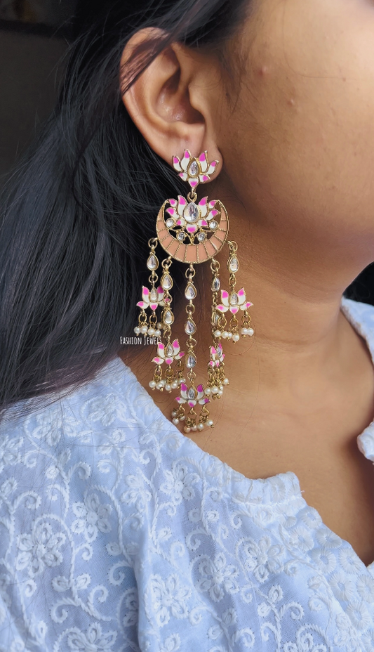 Radhika Meenakari pearl hanging Kundan Earring - Fashion Jewels
