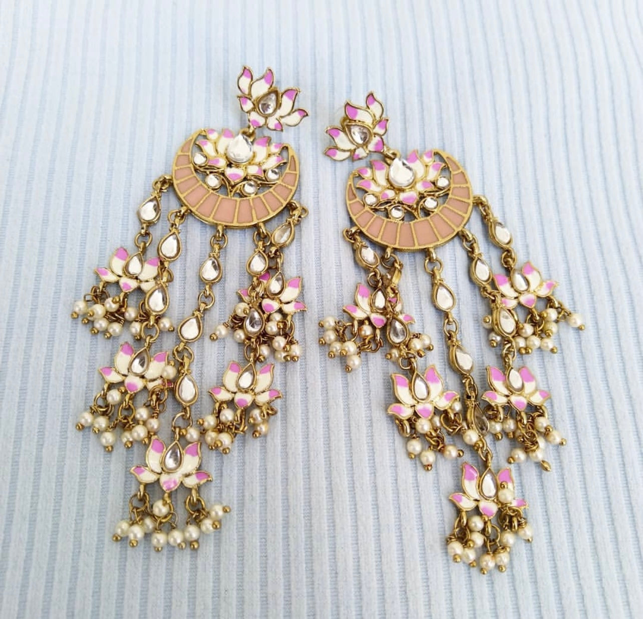 Radhika Meenakari pearl hanging Kundan Earring - Fashion Jewels