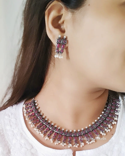 Raha Silver Ruby Guttapusalu pearl Necklace set - Fashion Jewels