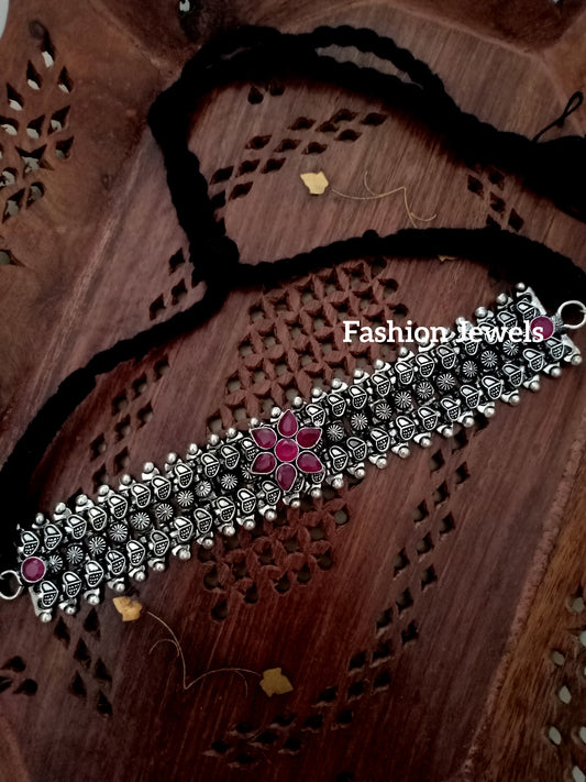 Rani Statement Silver Ruby flower Choker - Fashion Jewels